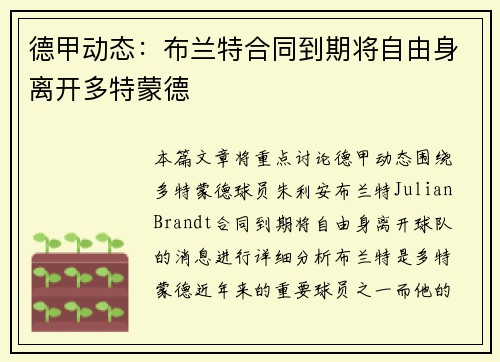 德甲动态:布兰特合同到期将自由身离开多特蒙德 德甲动态:布兰特合同到期将自由身离开多特蒙德