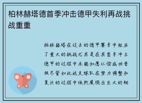 柏林赫塔德首季冲击德甲失利再战挑战重重